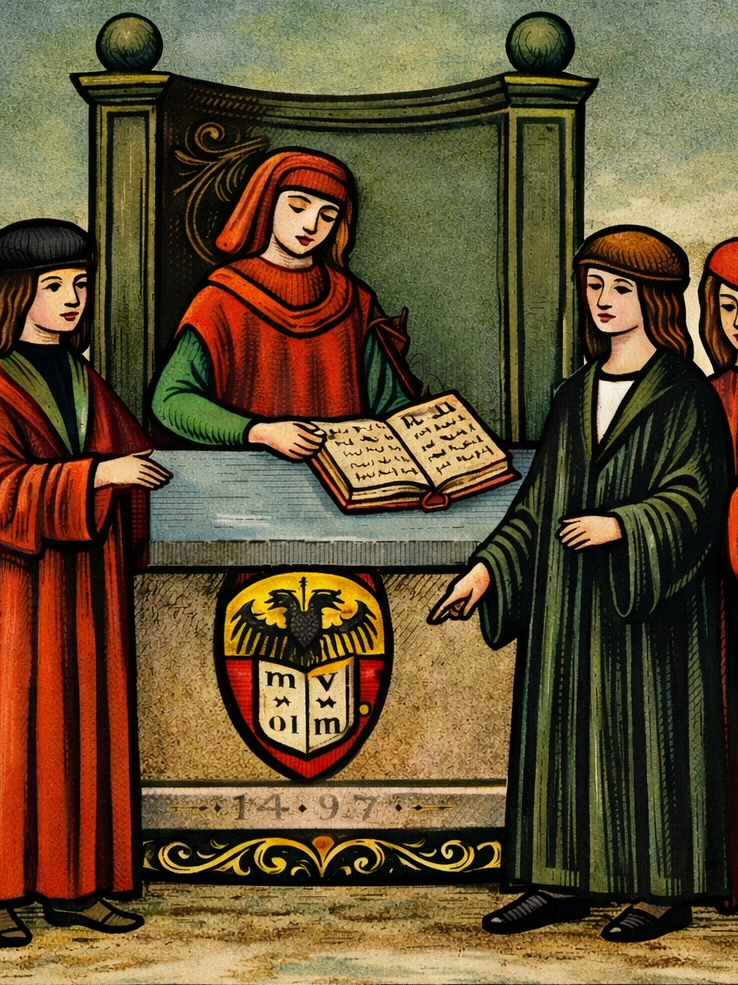 Illustration einer historischen Darstellung von Landsmannschaften an der Universität Bologna