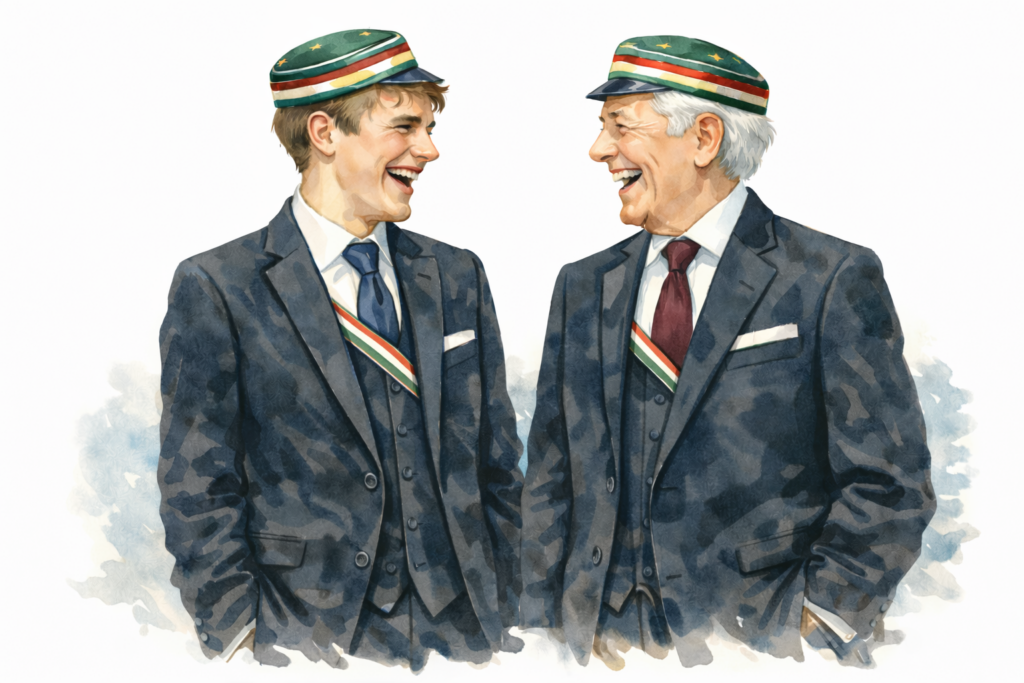 Illustration von einem jungen und einem älteren Farbstudenten, gemeinsam lachend.